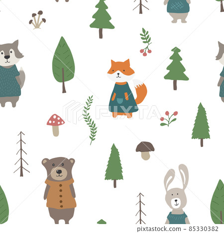 Cute animals Seamless pattern. Cartoon Animals in forest background. Vector illustration 85330382
