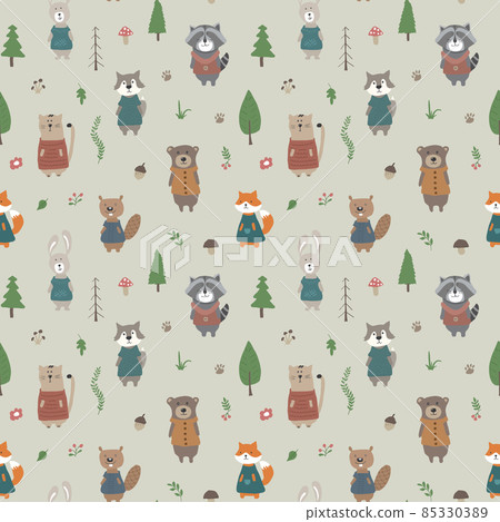 Cute animals Seamless pattern. Cartoon Animals in forest background. Vector illustration 85330389