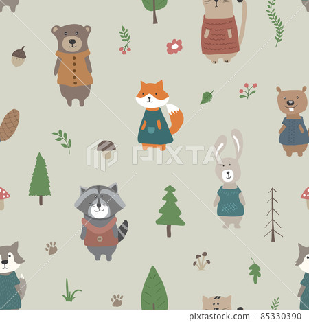 Cute animals Seamless pattern. Cartoon Animals in forest background. Vector illustration Cute animals Seamless pattern. Cartoon Animals in forest background. Vector illustration 85330390