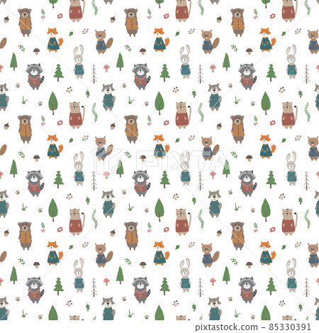 Cute animals Seamless pattern. Cartoon Animals in forest background. Vector illustration 85330391