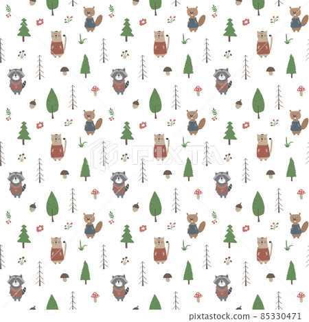 Cute animals Seamless pattern. Cartoon Animals in forest background. Vector illustration Cute animals Seamless pattern. Cartoon Animals in forest background. Vector illustration 85330471