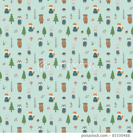 Cute animals Seamless pattern. Cartoon Animals in forest background. Vector illustration 85330488