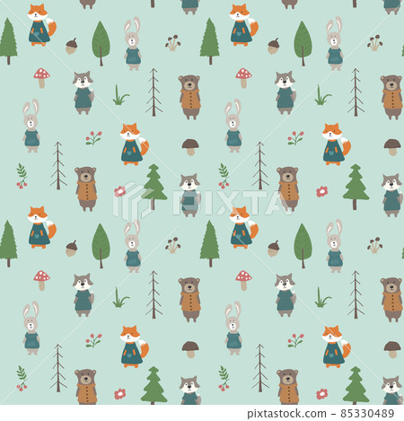 Cute animals Seamless pattern. Cartoon Animals in forest background. Vector illustration 85330489