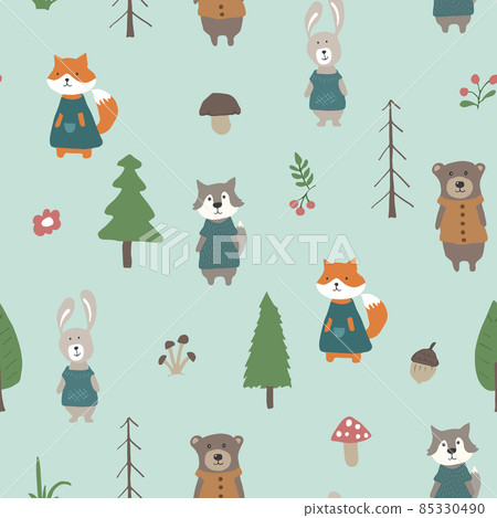Cute animals Seamless pattern. Cartoon Animals in forest background. Vector illustration 85330490