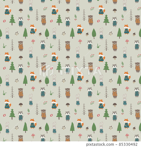 Cute animals Seamless pattern. Cartoon Animals in forest background. Vector illustration 85330492