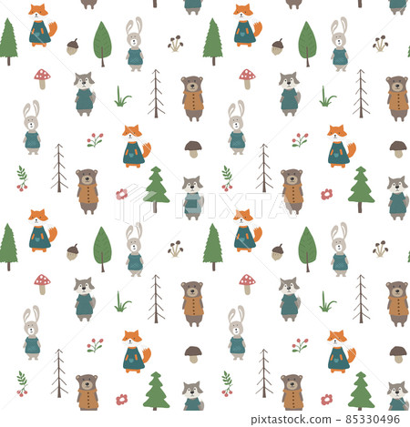 Cute animals Seamless pattern. Cartoon Animals in forest background. Vector illustration 85330496