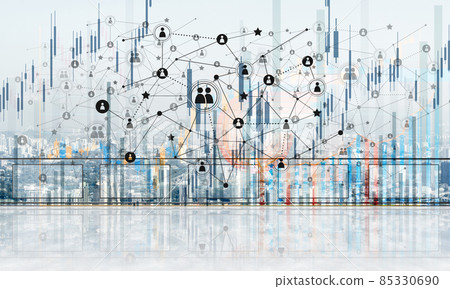 Concept of global communication and networking with world map over cityscape Concept of global communication and networking with world map over cityscape 85330690