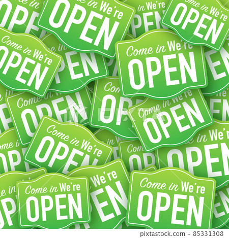 Come in we're open hanging sign sticker pattern. Sign for door. Vector illustration. Come in we're open hanging sign sticker pattern. Sign for door. Vector illustration. 85331308