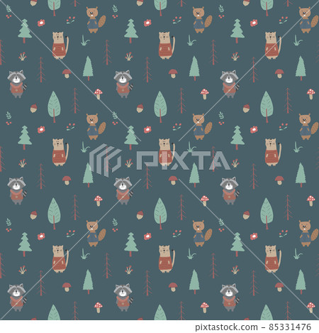 Cute animals Seamless pattern. Cartoon Animals in forest background. Vector illustration 85331476