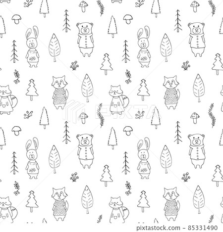 Cute animals Seamless pattern. Cartoon Animals in forest background. Vector illustration 85331490