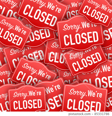 Sorry we are closed sticker pattern. Abstract pattern on red backdrop in sticker boom style. 3D blue bubble with Temporarily closed. Vector illustration design. 85331786
