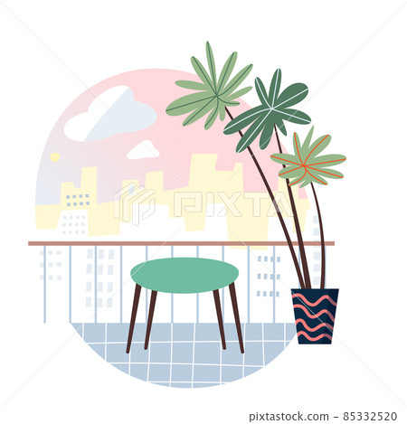 Home balcony or terrace with table and palm tree, veranda or patio with cozy furniture 85332520