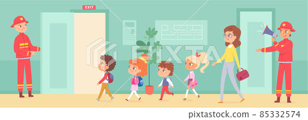 Evacuation educational game with school kids and firefighters, fireman holding megaphone Evacuation educational game with school kids and firefighters, fireman holding megaphone 85332574