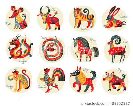 Cute chinese horoscope zodiac set. Collection Stock