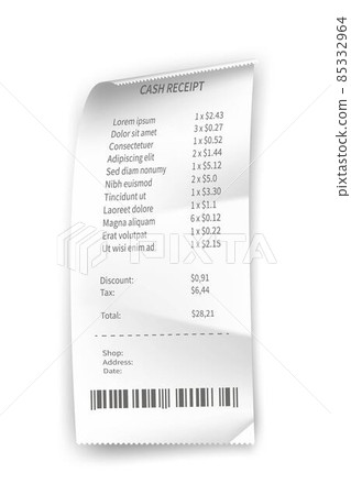 Receipt, paper bill, shop and supermarket check vector illustration template. Realistic list of purchases with prices, barcode, taxes, payment with money on white. Finance transactions 85332964