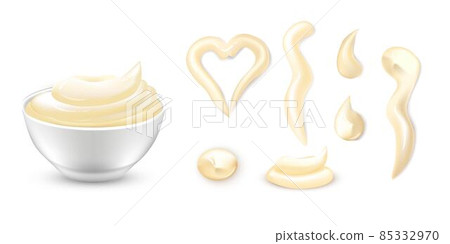 Mayonnaise sauce in bowl, dips and drips set. Round plate with mayo vector illustration. Portions of different shapes of gourmet seasoning isolated on white background. Tasty creamy dressing Mayonnaise sauce in bowl, dips and drips set. Round plate with mayo vector illustration. Portions of different shapes of gourmet seasoning isolated on white background. Tasty creamy dressing 85332970