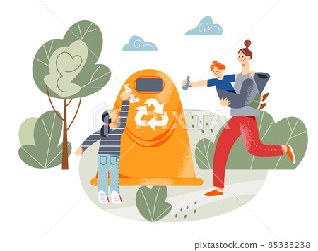 Family people throwing trash garbage into container, mother with baby running to dustbin 85333238