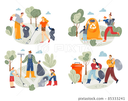People cleaning environment set, collecting garbage in containers with recycle sign 85333241