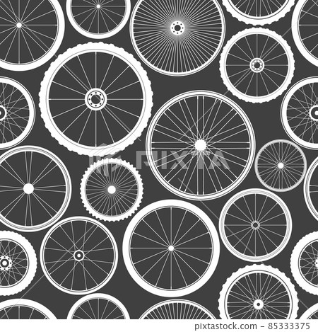 Seamless pattern with bicycle wheels. Bike rubber tyre silhouettes. Fitness cycle, road and mountain Seamless pattern with bicycle wheels. Bike rubber tyre silhouettes. Fitness cycle, road and mountain 85333375