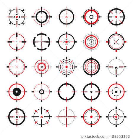 Crosshair, gun sight vector icons. Bullseye, black target or aim symbol. Military rifle scope 85333392