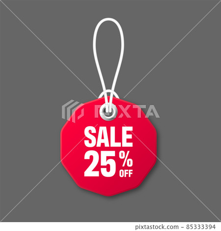 Realistic red price tag with white string on gray background. Special offer or shopping discount 85333394