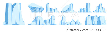 Floating icebergs collection. Drifting arctic glacier, block of frozen ocean water. Icy mountains Floating icebergs collection. Drifting arctic glacier, block of frozen ocean water. Icy mountains 85333396