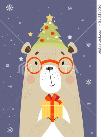 Postcard with cute bear in glasses in hat with Christmas tree and gift on purple background with snowflakes. Vertical vector illustration in flat style. card for print and design 85333550