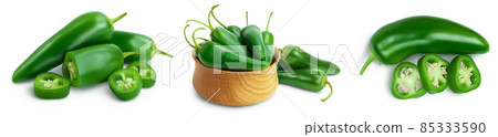 jalapeno peppers isolated on white background. Green chili pepper with clipping path and full depth of field. Set or collection jalapeno peppers isolated on white background. Green chili pepper with clipping path and full depth of field. Set or collection 85333590
