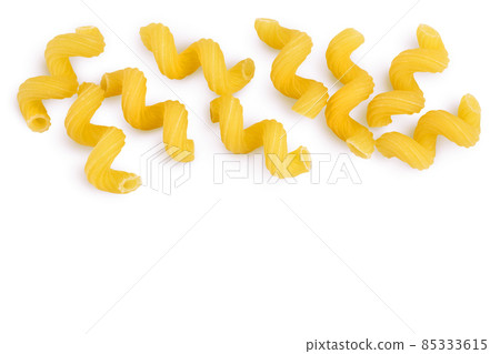 raw pasta cavatappi isolated on white background with clipping path and full depth of field. Top view with copy space for your text. Flat lay. raw pasta cavatappi isolated on white background with clipping path and full depth of field. Top view with copy space for your text. Flat lay. 85333615