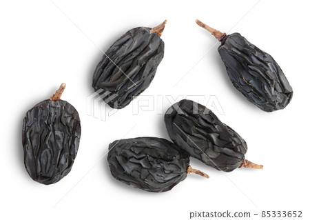 Black raisin isolated on white background with clipping path. Top view. Flat lay Black raisin isolated on white background with clipping path. Top view. Flat lay 85333652