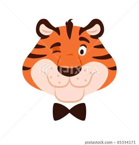 Cute winking tiger head isolated on white background. Cartoon striped color happy animal character portrait. Adorable flat orange wildcat face vector illustration. 85334171