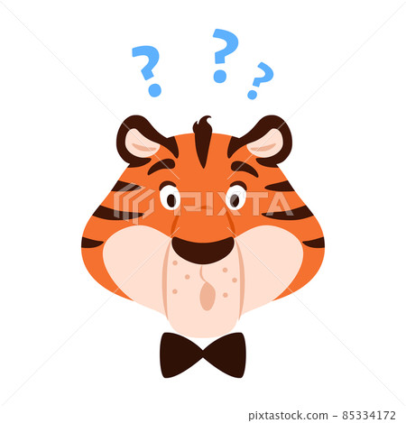 Surprised funny tiger head isolated on white background. Open eyed cartoon striped color happy animal character with question mark. Adorable flat orange wild cat vector illustration. Surprised funny tiger head isolated on white background. Open eyed cartoon striped color happy animal character with question mark. Adorable flat orange wild cat vector illustration. 85334172