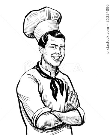 Happy smiling restaurant chef. ink black and white drawing 85334896