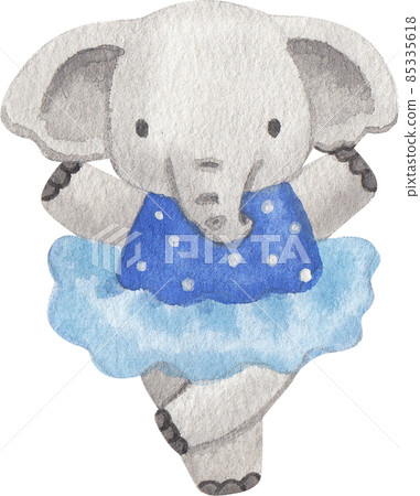 Cute cartoon animal characters dancing ballet. Little elephant ballerinas in pink tutu. Kawaii and simple hand drawn watercolor 85335618