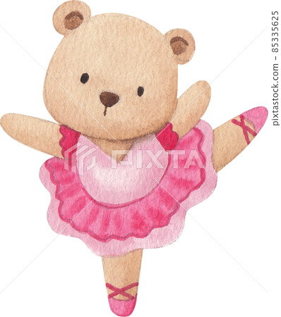 Cute cartoon animal characters dancing ballet. Little bear  ballerinas in pink tutu. Kawaii and simple hand drawn watercolor 85335625