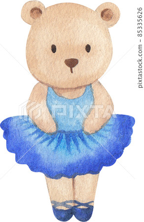Cute cartoon animal characters dancing ballet. Little bear  ballerinas in pink tutu. Kawaii and simple hand drawn watercolor 85335626