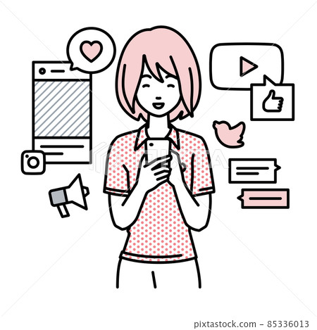 A woman in a polo shirt who stands up and interacts happily on various SNS on her smartphone 85336013