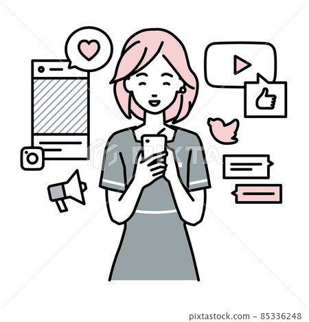 A female beauty salon clerk who stands up and interacts happily on various SNS with a smartphone A female beauty salon clerk who stands up and interacts happily on various SNS with a smartphone 85336248