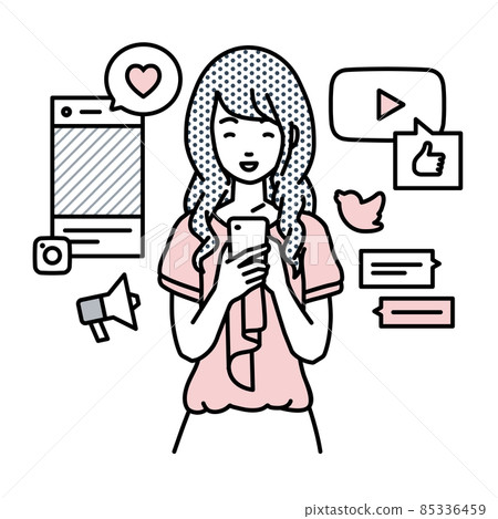 一個辦公室休閒的女人，她在智能手機上的各種SNS上站起來愉快地互動 85336459