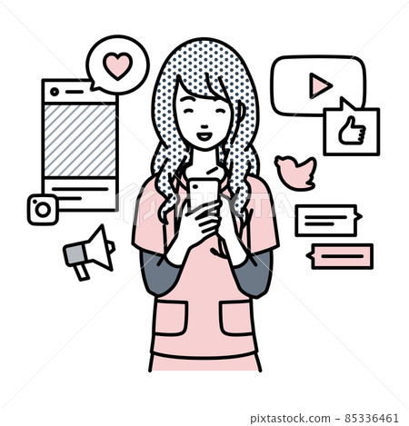 站起來，在智能手機上的各種SNS上愉快互動的女護士 85336461