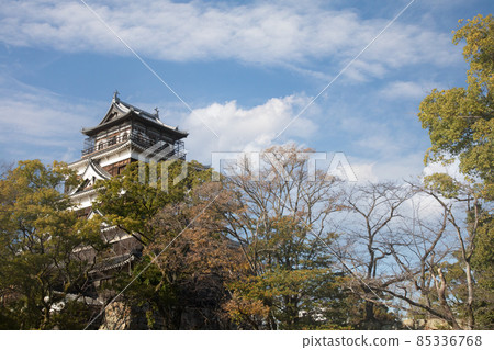 It is the castle tower scenery of Hiroshima Castle. It rises in the depths of the forest. It is the castle tower scenery of Hiroshima Castle. It rises in the depths of the forest. 85336768