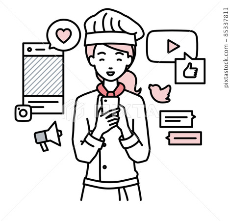A cook woman who stands up and interacts happily on various SNS on her smartphone A cook woman who stands up and interacts happily on various SNS on her smartphone 85337811