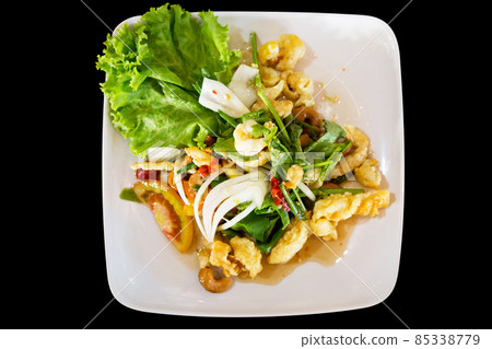 Die cut of Fish Maw Salad on black isolated. Die cut of Fish Maw Salad on black isolated. 85338779