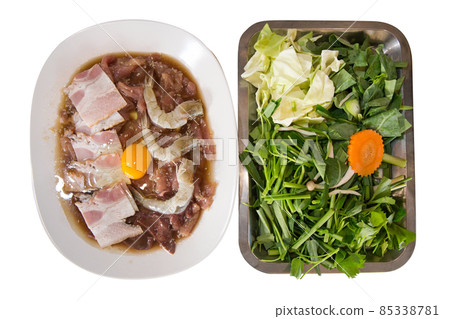 Top view for raw Prawns, pork, fresh eggs for make sukiyaki Top view for raw Prawns, pork, fresh eggs for make sukiyaki 85338781