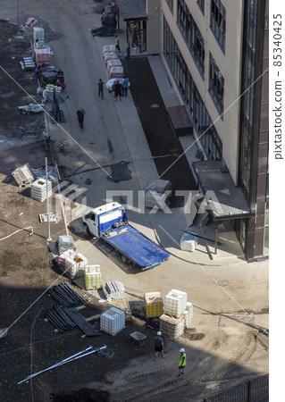 St. Petersburg, Russia - July 15, 2021: Top view of the construction of a new school in the Primorsky district of St. Petersburg 85340425