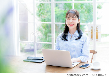 A beautiful woman looking at the camera while working on a computer in the main visual, with front blur and copy space 85340624