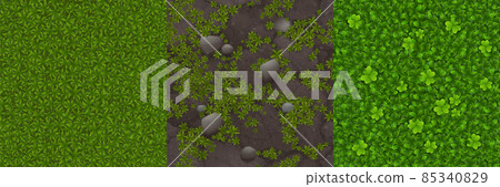 Game textures of green lawn, grass and stones 85340829