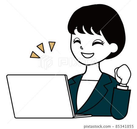 A female office worker in a suit who looks at a computer and makes a guts pose 85341855