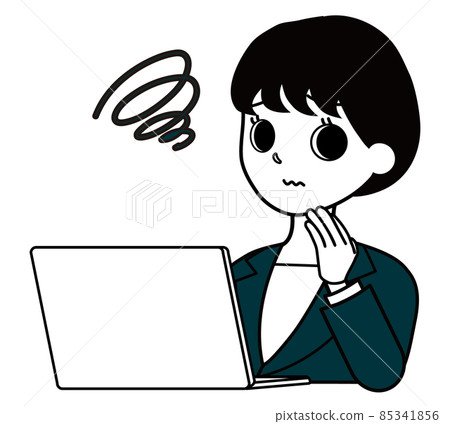 A female office worker in a suit who is confused when looking at a computer 85341856