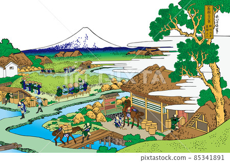 Katsushika Hokusai image Suruga Katakura Tea Garden No Fuji Bright version with title White background 85341891